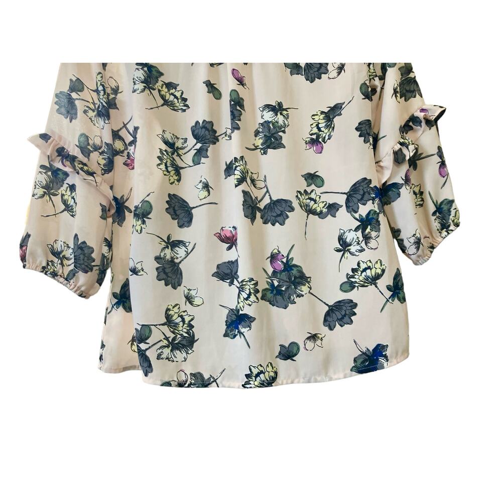 Maurices Womens Lt. Pink Floral Ruffle Neck W/ Crochet Details Blouse | Size S - Picture 5 of 13